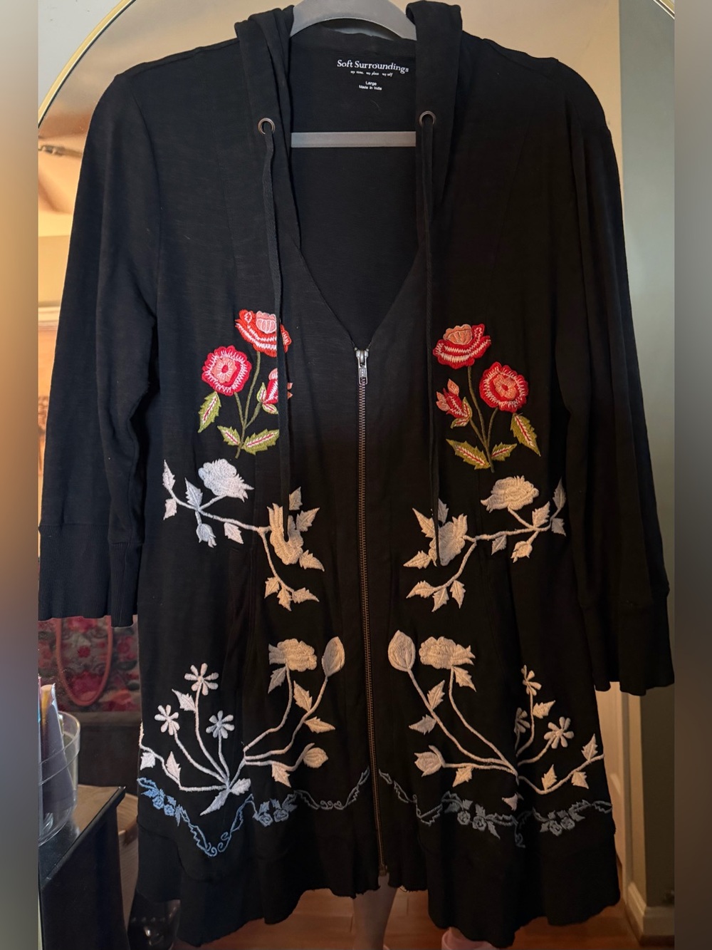 Soft Surroundings Black Hooded Floral Embroidered Zip Jacket